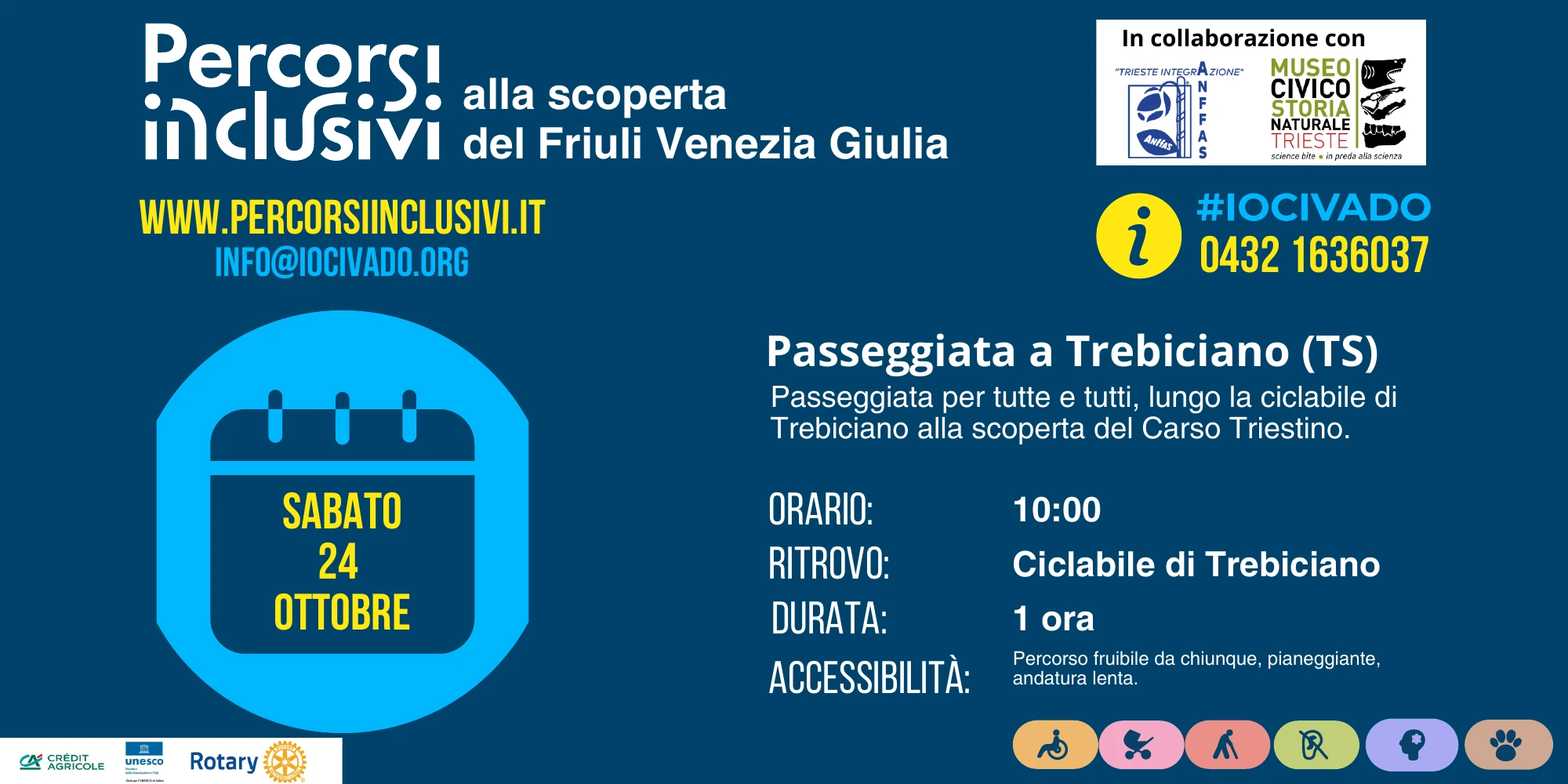 Locandina della passeggiata a Trebiciano (Trieste): sabato 24 ottobre, ore 10:00, ritrovo alla ciclabile di Trebiciano, durata 1 ora. Percorso fruibile da chiunque, pianeggiante, andatura lenta. In collaborazione con Trieste Integrazione Anffas e il Museo Civico di Storia Naturale di Trieste. Info: 0432 1636037, info@iocivado.org, www.percorsiinclusivi.it. Tutte le informazioni sono riportate anche nel testo che segue.